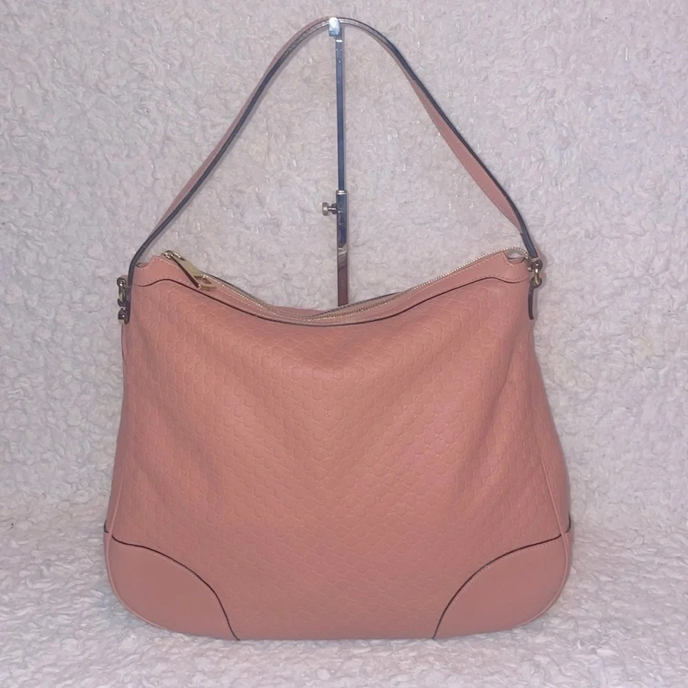 Gucci GG Microguccissima Monogram Bree Pink Leather Hobo Zip Shoulder Bag Purse